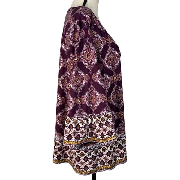 Roz & Ali 2X-Large Top Geometric Stretch 3/4 Bell Sleeve Zip V-Neck Purple Multi - Picture 4 of 9
